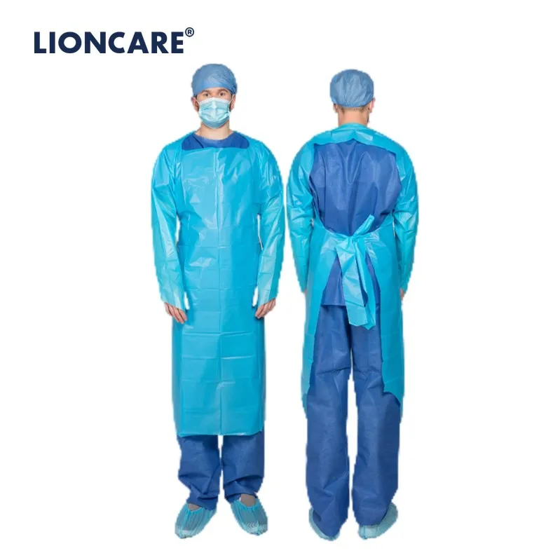 LIONCARE Wholesale  CPE Gown Blue Medical Waterproof Disposable Polyethylene Plastic Hospital Isolation CPE Gown with Thumb Loop