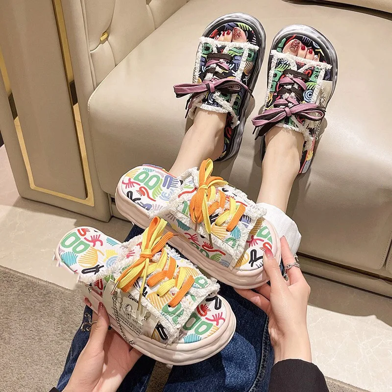 Hot Selling Shoe String Canvas Chains Smiley Clogs Fashion Lace-up Platform Sandals For Women Indoor Outdoor Platform Slipper