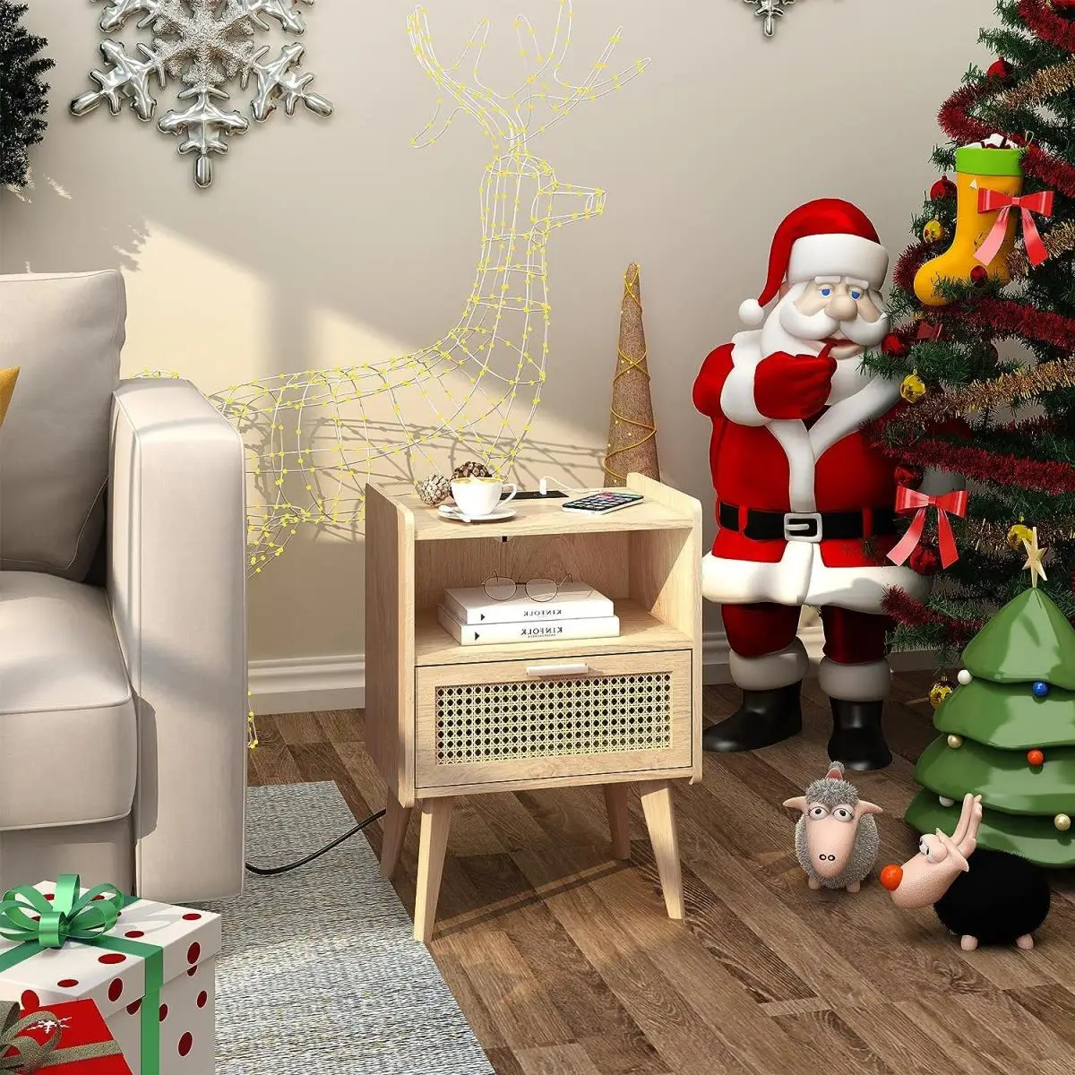 Modern Boho Nightstand Wooden Rattan Side Table with Storage Drawer End Table for Bedroom Furniture