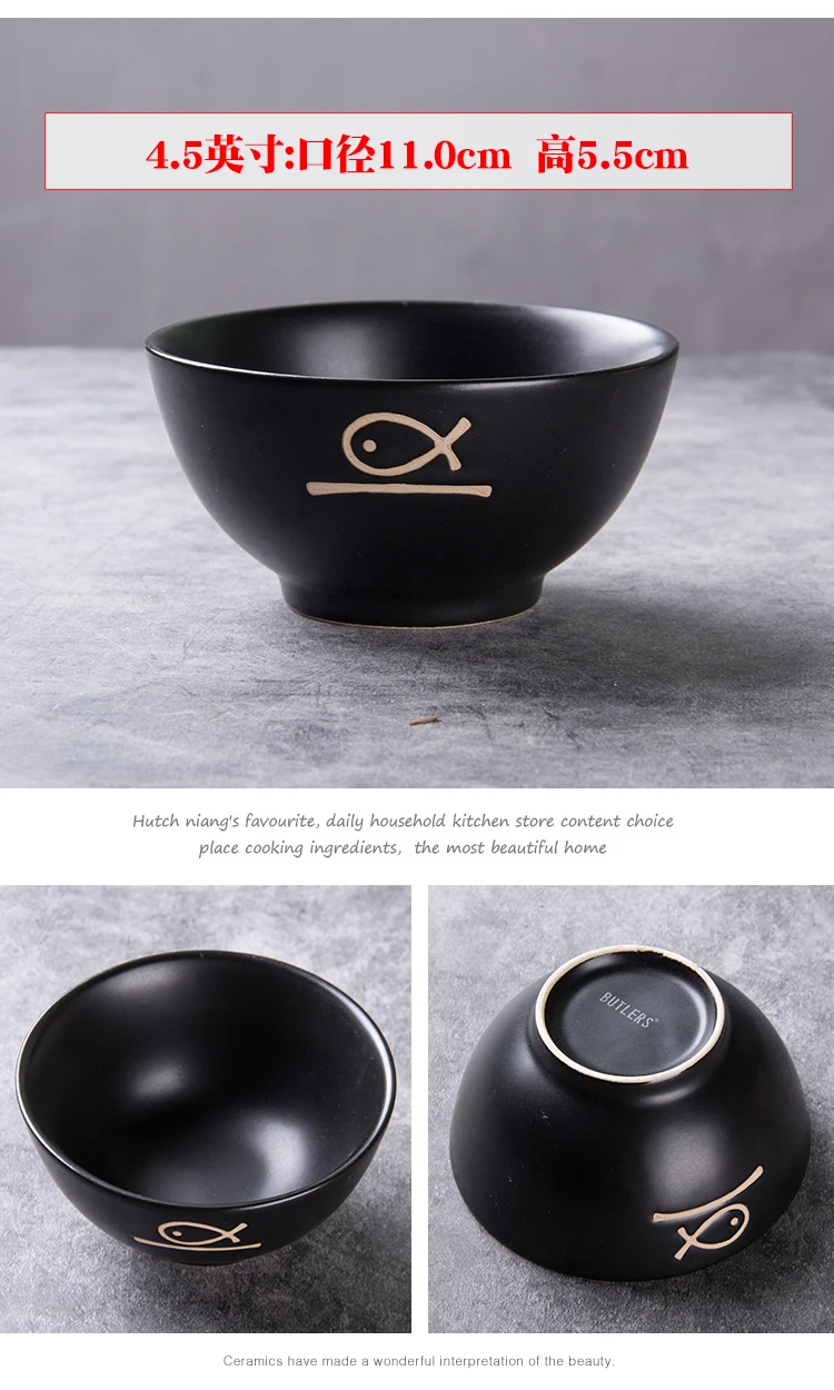 
Lucky Ceramic Black Pasta Ramen Noodles Soup Rice Bowls Decor 