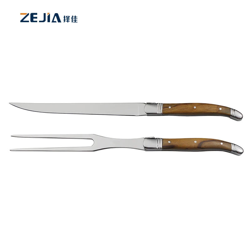 2 Pcs Outdoor Barbeque Slicing Knife Tool Set laguiole carving knife and fork Meat Fork Set  With olive wood