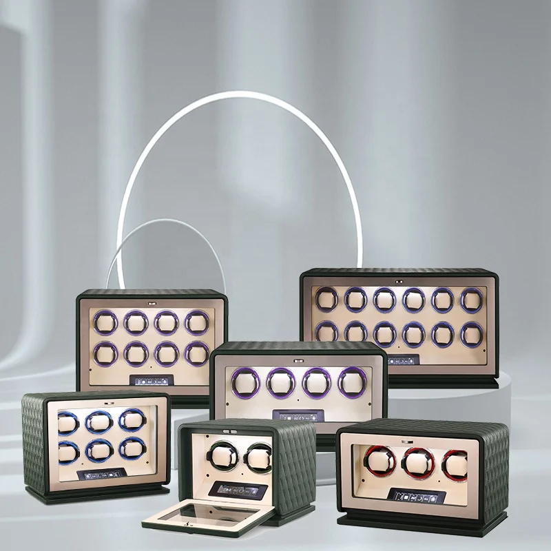 2024 Special Green Genuine Vegan Leather 2 3 4 6 8 12 Slots Wooden Watch Safe Winder Box with LCD Touchscreen and LED RGB Light