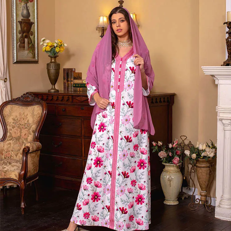 New Design Spring Printing Long Dress Jilbab Muslim Islamic Clothing  Hijab Fashion Gowns For Women Ladies Muslim