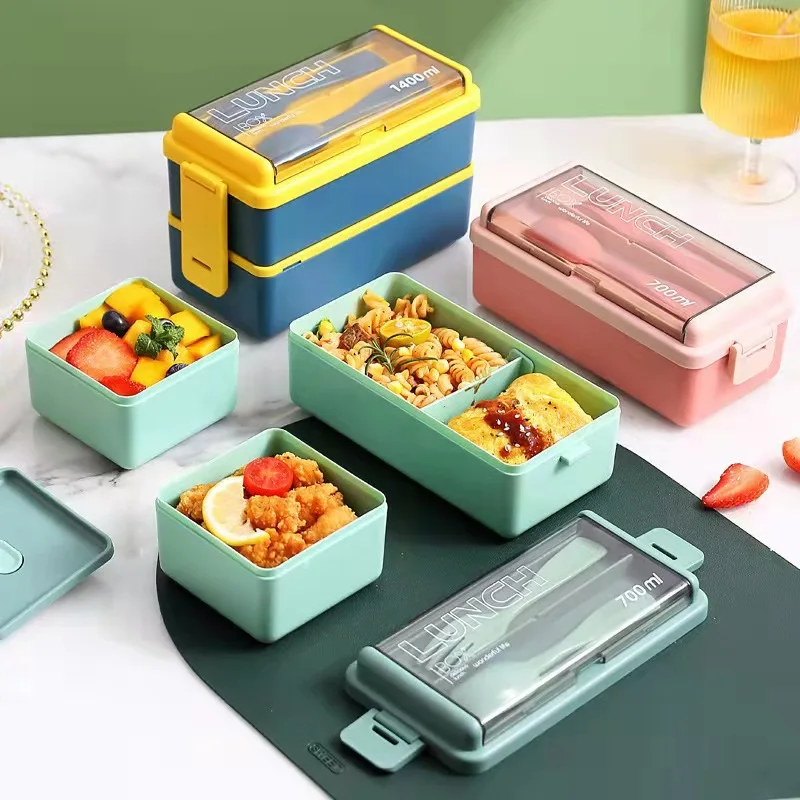 Single Layer Microwavable Lunch Box, Plastic Bento Box with Utensils