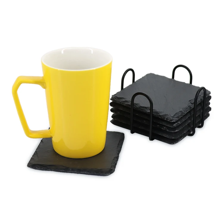 Set of 6 Slate Coaster Custom Black Slate Natural margin Coaster EVA non-slip mat With Metal Holder