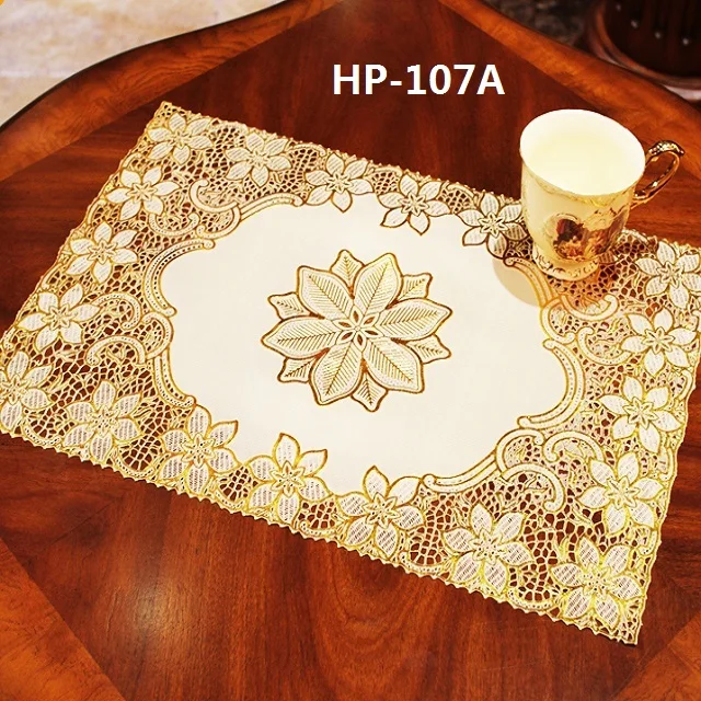 Oval /Rectangle oblong shape golden pvc lace placemats pvc dining table mat doilies 30*46 cm