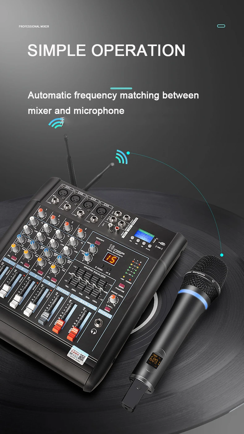 XTUGA LS04 Professional 250W Audio Power Amplifier With Rechargeable 2 Wireless Microphones 6 Channel powered audio mixer