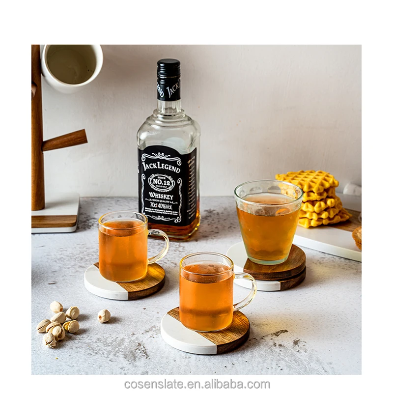 Kitchen Table Decoration Drink Round Acacia Wooden and Marble Coaster