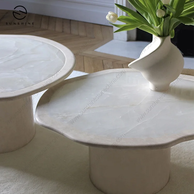 Round Large Modern Nordic Living Room Cloud Travertine Basic Glossy White Onyx Coffee Table Nested Marble
