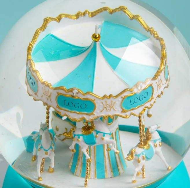 Custom logo gifts Resin Souvenir Water Globe luxury snow ball Music Automatic Snow Functions carousel horse Snow Globe with logo