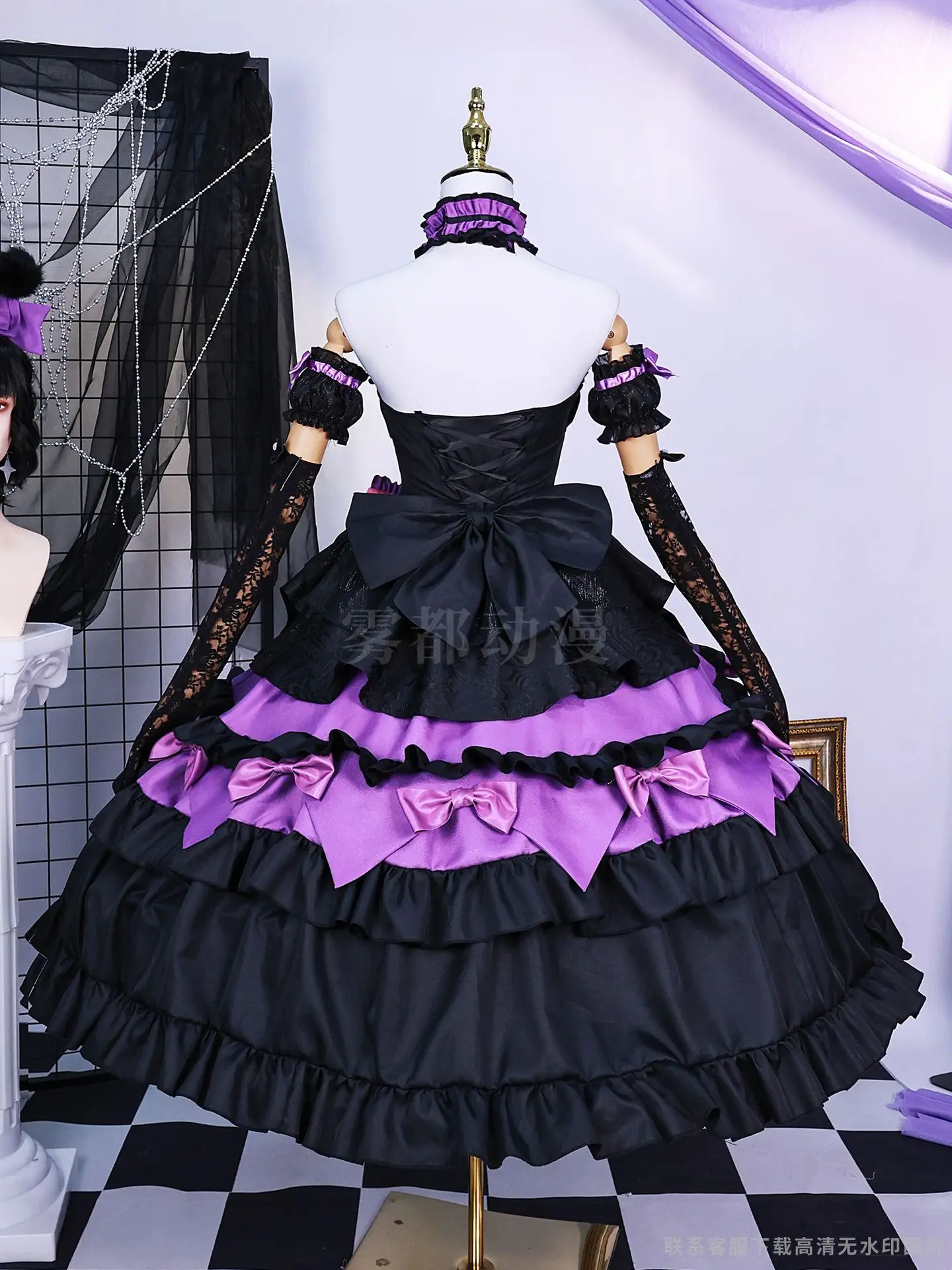 Game Identity V Cosplay Blood Mary Long Layered Purple Black Dresses Pink Bows Full Set Halloween Costume Costume