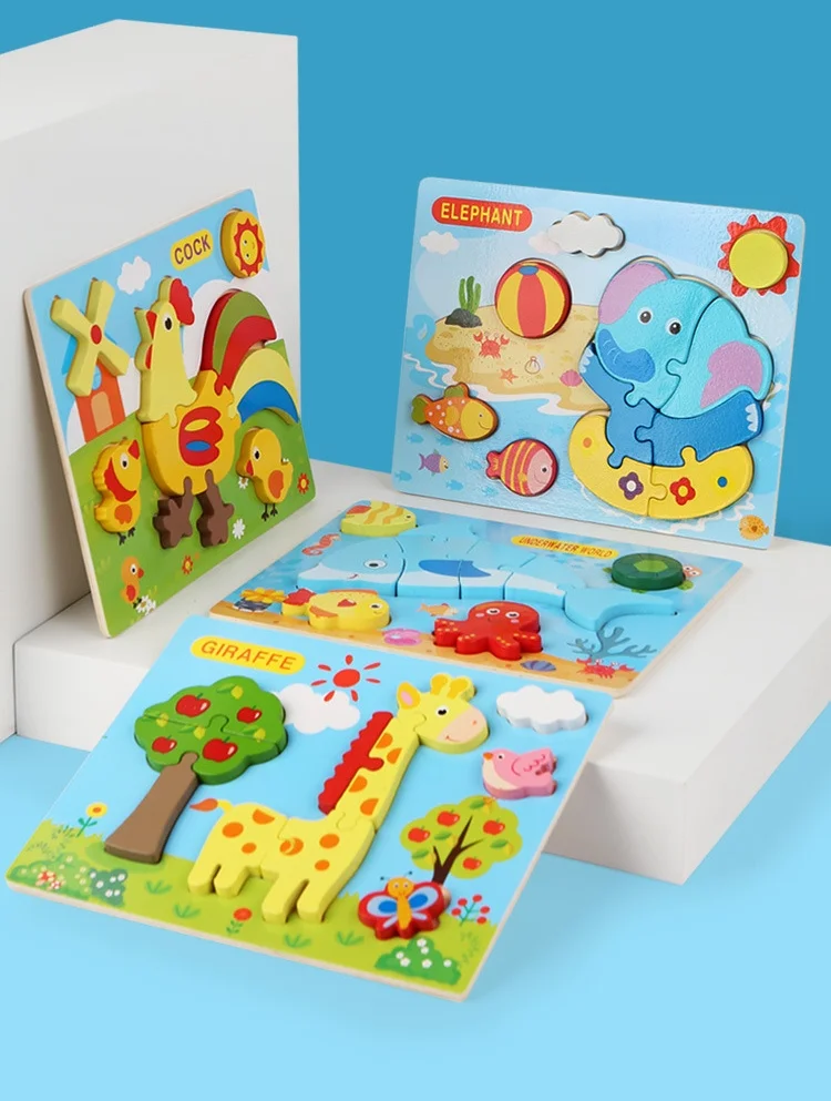 Montessori Wooden Cartoon Animal Dinosaur 3D Jigsaw Puzzle Toys Baby Educational Learning Puzzles For Kids