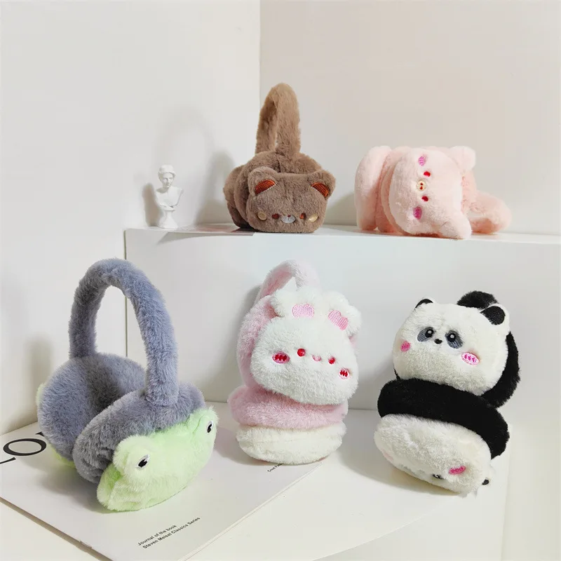 Wholesale cute animal kids cold winter ear muffs headphone fluffy furry plush baby earmuffs for kids
