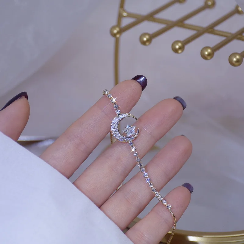 2021 New Arrival Delicate Zircon Adjustable Bling Cubic Moon Star Charm Bracelet Jewelry Women For Party