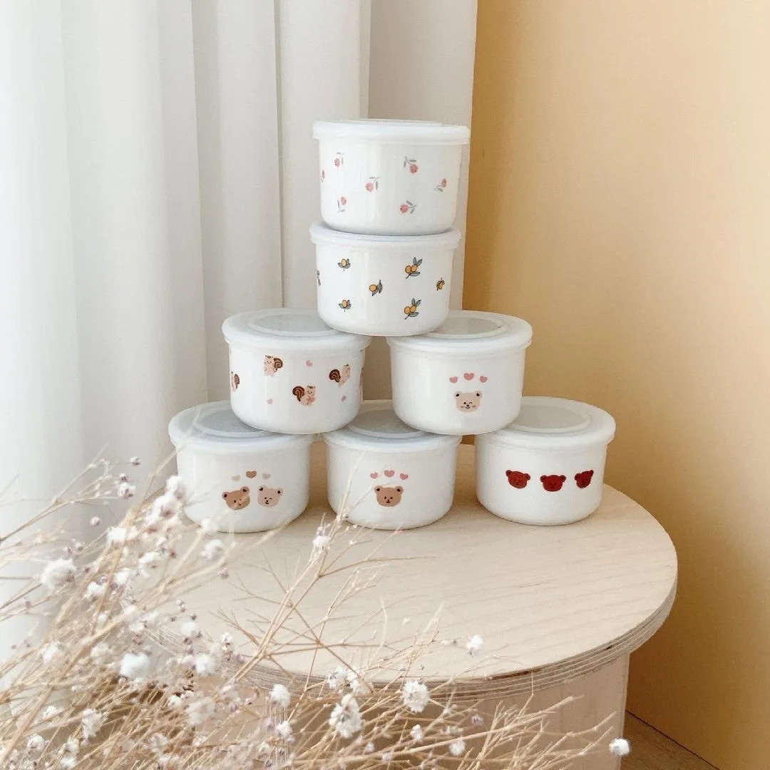 New Baby Dinnerware Keep Fresh and Sealed Infant Tableware Bear Pattern Toddler Plate Ceramic Bowl with silicone lid