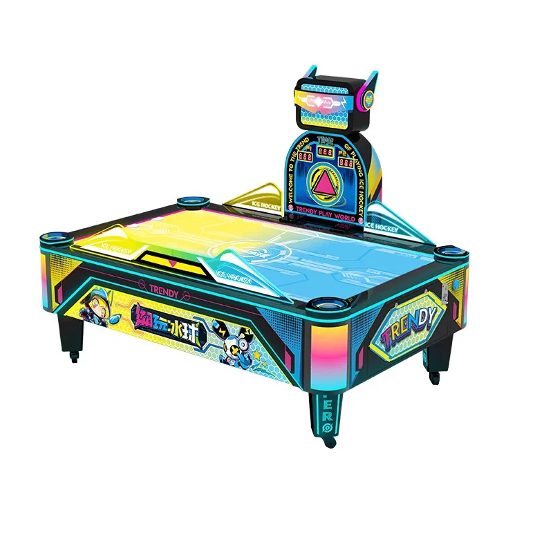 Two people play coin-operated table hockey inside the German electronic hockey machine