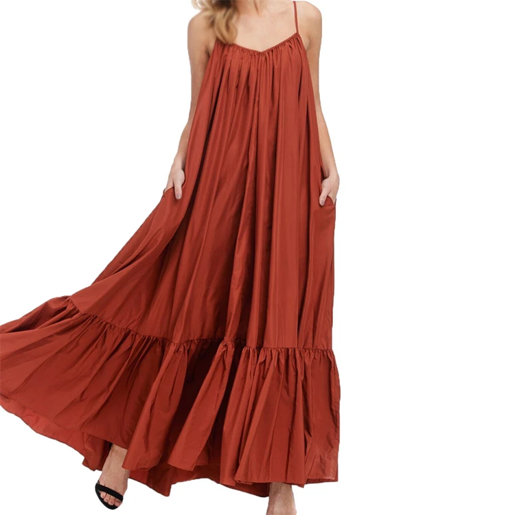 Hot selling European and American sexy strap sleeveless plus size solid color long sundresses