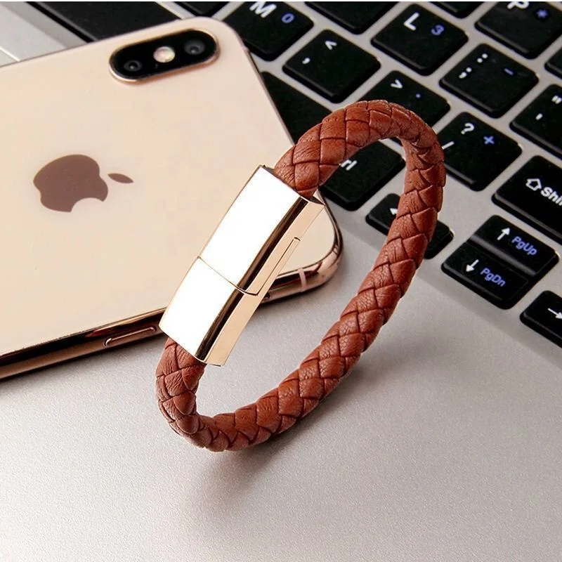 VEROMCA Stainless Steel Brown Black White Leather Rope Data cable Bracelet USB Braided Bracelet