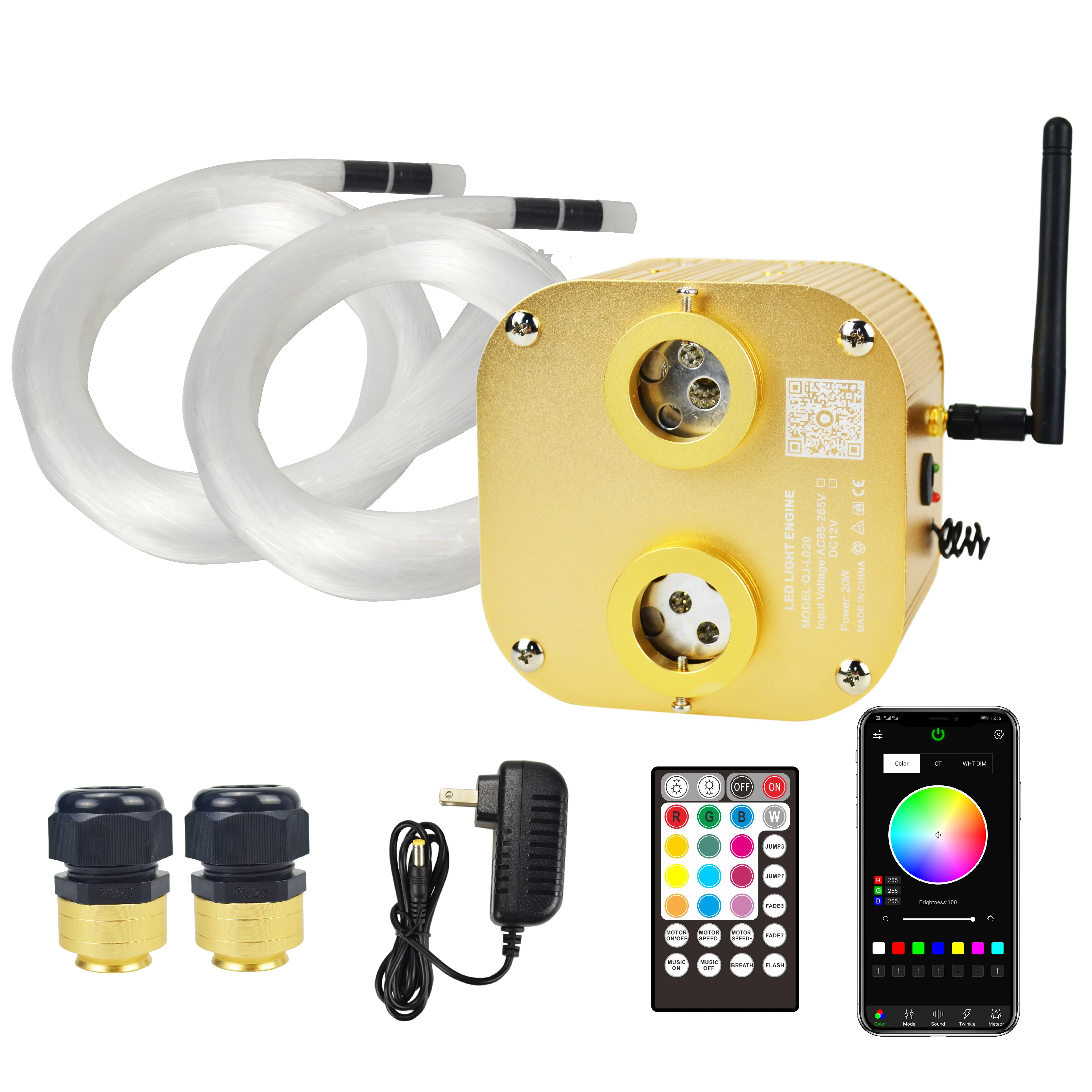 20W RGBW Dual-port Twinkle Fiber Optic Car Starry Sky Ceiling LED Light Engine Driver Controlled by phone APP and Remote Control