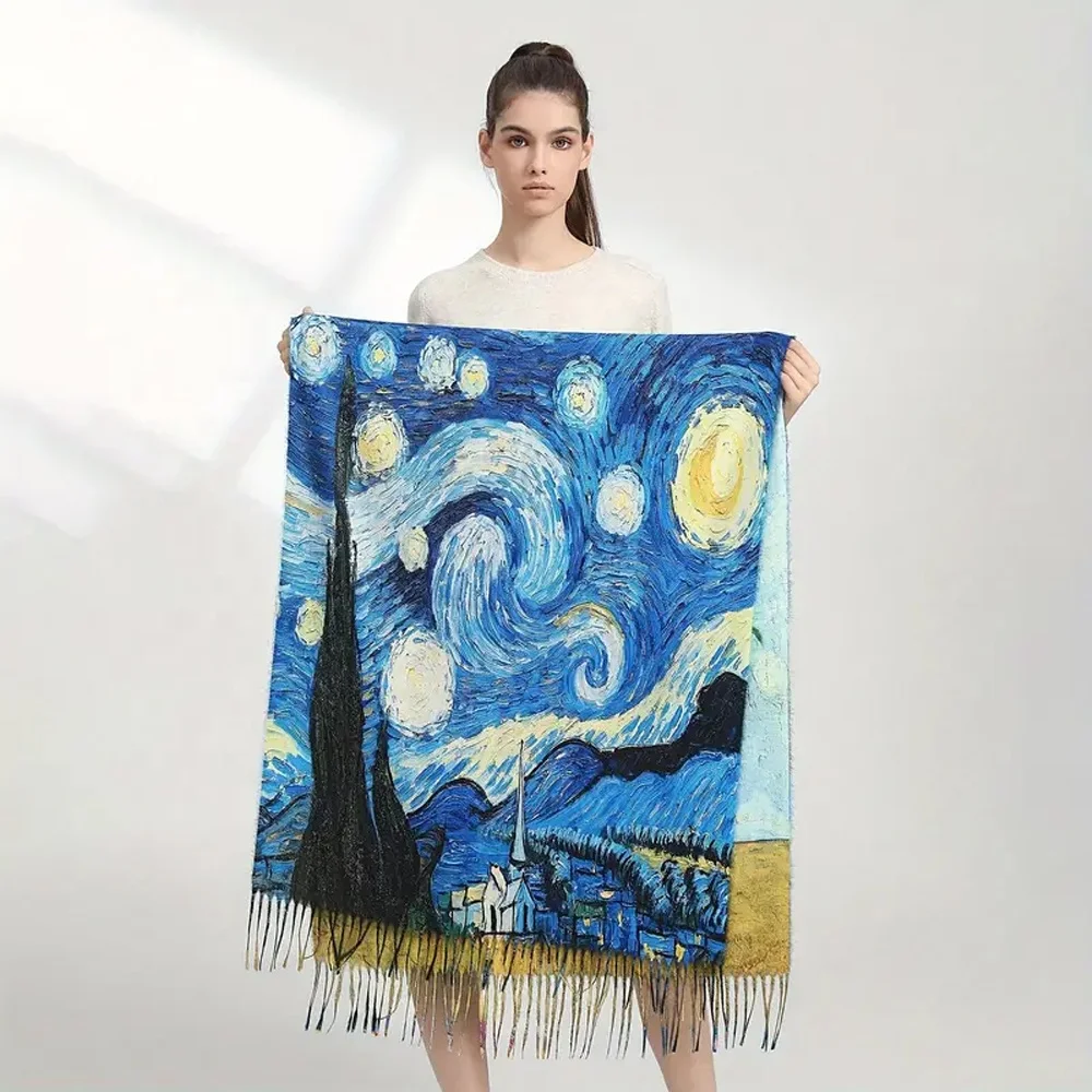 Factory Directly Sale 2024 Stylish Luxury Van Gogh Painting Scarf Fashion Custom Neck Warm Ladies Cashmere Print Shawl foulard