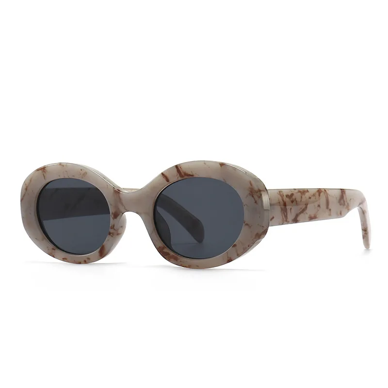 Trend Street Shooting Black Resin Oval Sun Glasses Marble Pattern Small Frame Sunglasses Women Men
