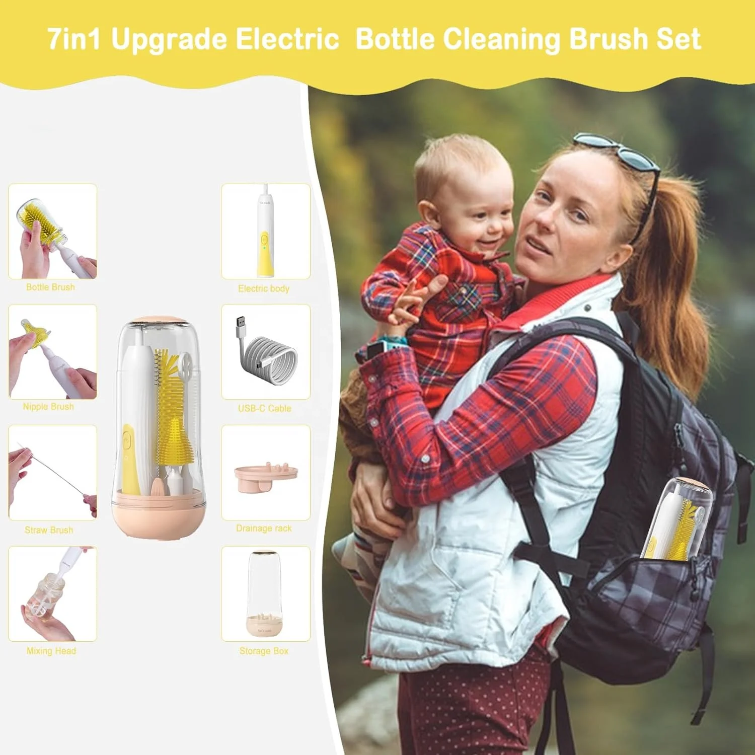 Travel Bottle Cleaner Kit With Electric Baby Bottle Brush Set And Drying Base Portable Silicone Baby Bottle Brush