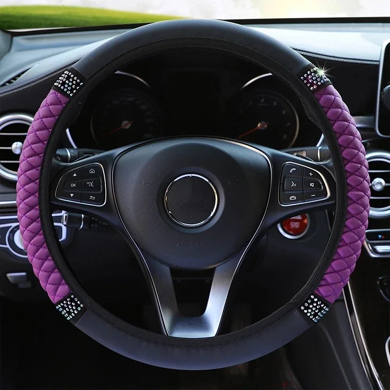 Universal Car Steering Wheel Cover 37-38cm Leather Embroidered Color Diamond-Studded Elastic Four Seasons