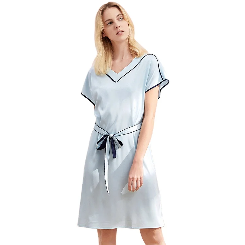 Новый дизайн женское шелковое вечернее платье из тутового шелка Повседневное для девочек с коротким рукавом V-образным вырезом на шнуровке Простое домашнее