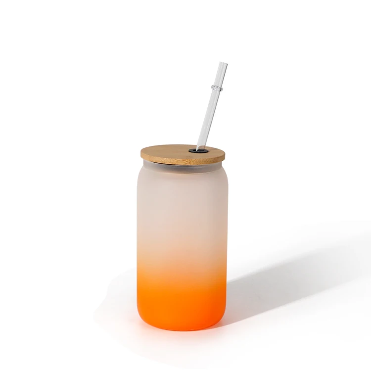 New Arrival 16oz Frosted Glass Gradient Color Bottom Soda Can Coke Can Mug With Bamboo Lid