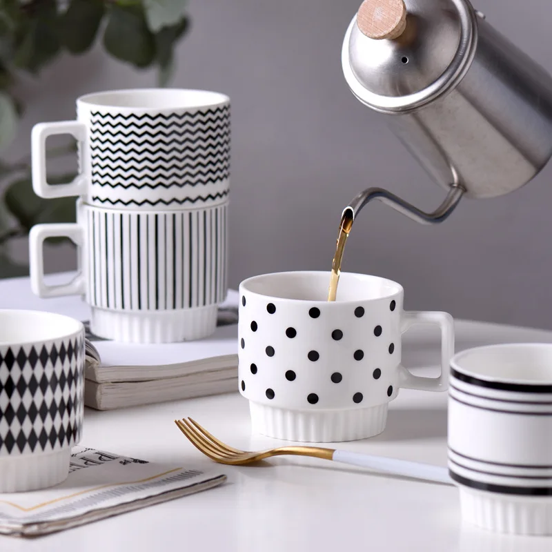 Nordic Porcelain Polka Dot Geometric Mug Hepburn Style Black and White Printing Drinkware Gift Ceramic Stacking Coffee Mugs Cup