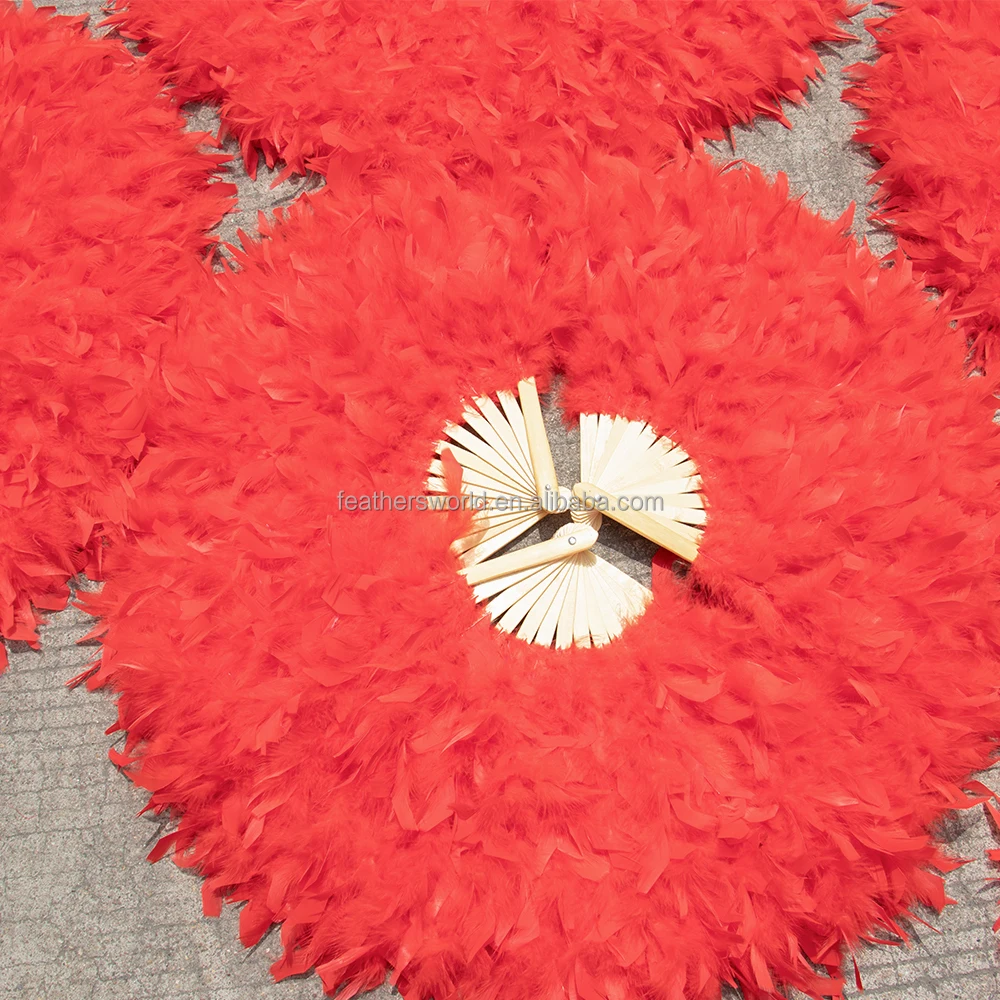 Turkey Feather Fans 13 Bones Plumage FAN With Bamboo Fluffy Red Staves for Belly Dance Halloween Wedding Party Folding Fan