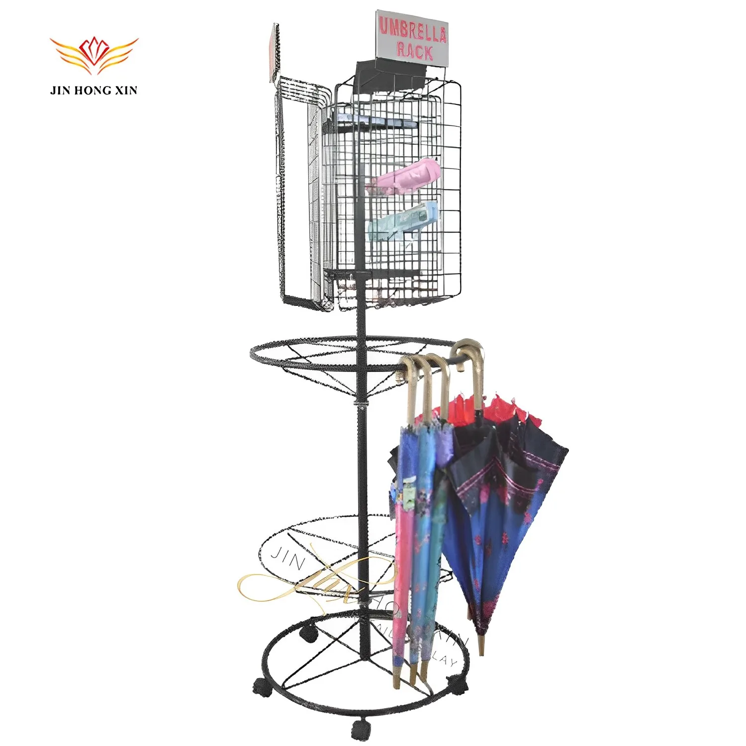 store pos exposition metal rack floor stand retail mobile 3 tiers shelf steel display fixture for umbrella
