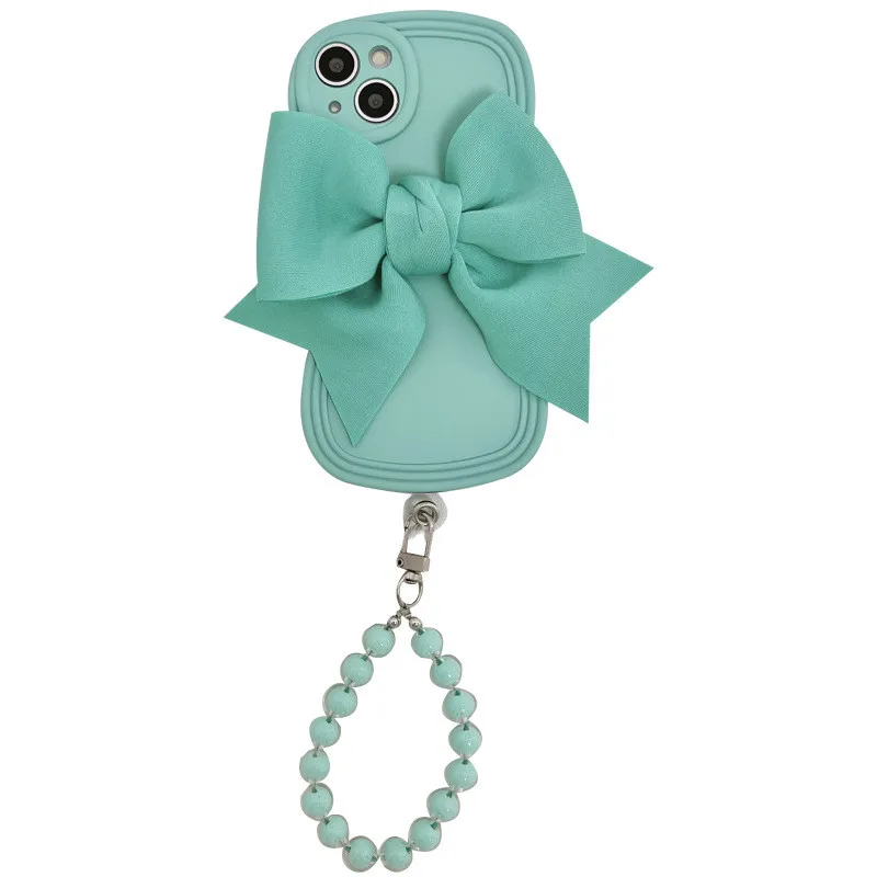 Luxury 3D Cute Bowknot Bead Bracelet Chain Phone Case For iPhone 11 12 13 14 Pro Max X Xs Max XR Soft TPU Cover With Wrist Strap