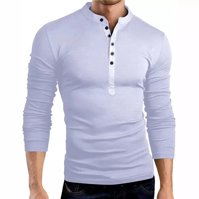 100% cotton lightweight  round neck t shirt men clothes  long sleeve man t shirt with button