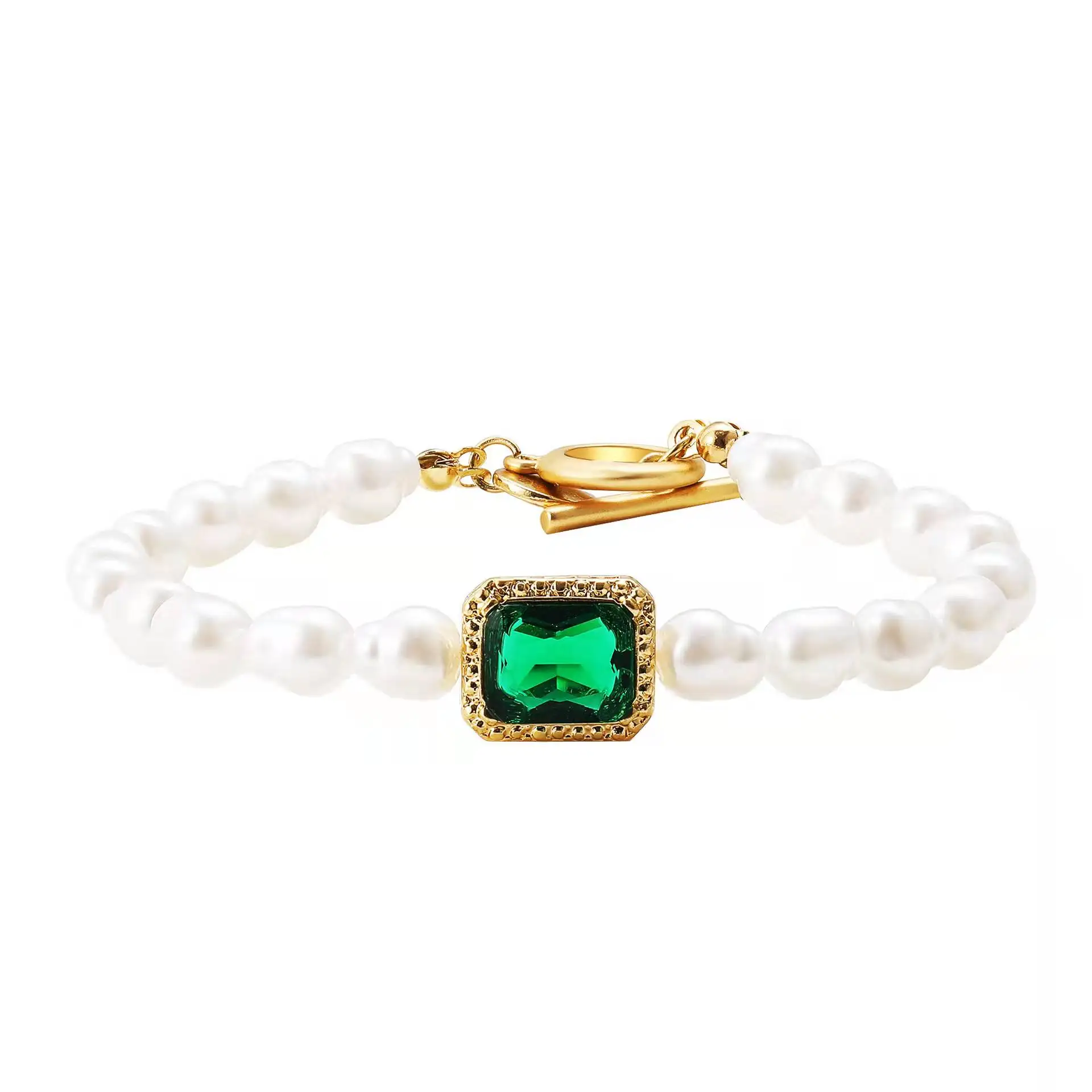 Baroque Full Freshwater Pearl Green gem Bracelet Natural Bead Stone Ot Buckle Bracelet