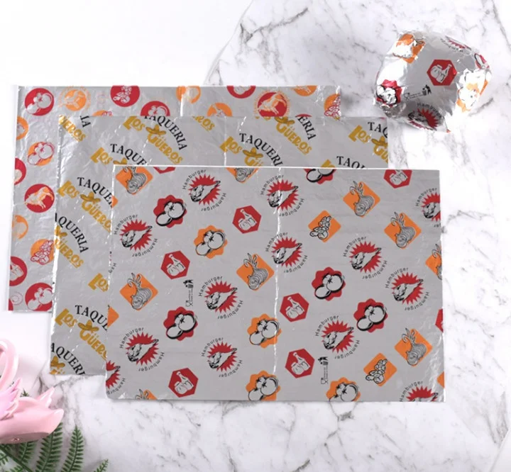Custom Printed Foil Paper Aluminum Foil Paper for Hamburger Sandwich Fast Food Wrap Grease proof BBQ Baking Foil Paper