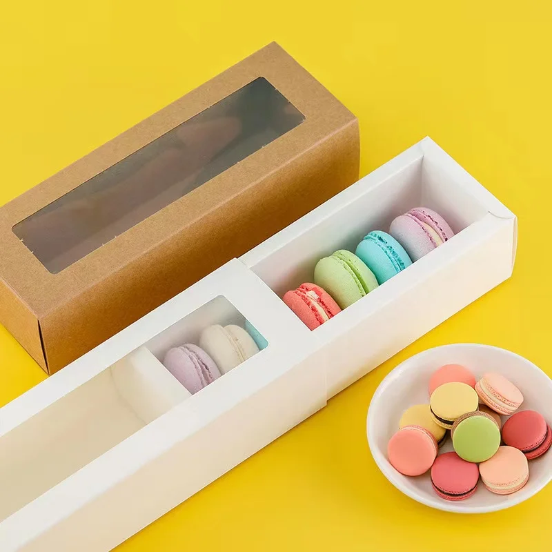 Wholesale Rectangular Macaron Cookie Box Donuts Dessert Food Bread Kraft Paper Transparent Window Paper Box Dessert Baking Box