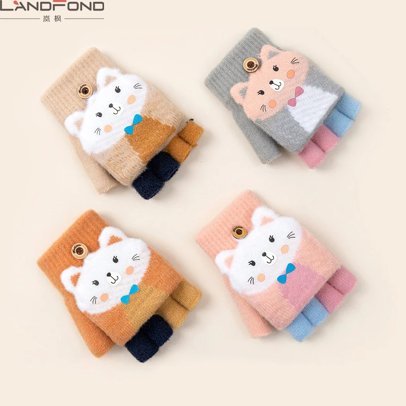 Landfond Accessory cat jacquard pattern girl Autumn/Winter cartoon cute half finger flip knitted gloves