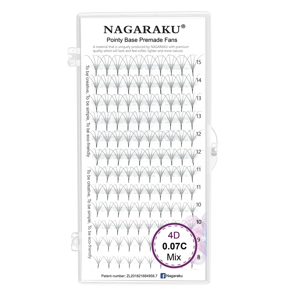 NAGARAKU Sharp Narrow Stem Premade Fans Eyelash Extension 0.07mm 4D-10D 120 Fans Thin Pointy Base Russian Fans Ready Volume