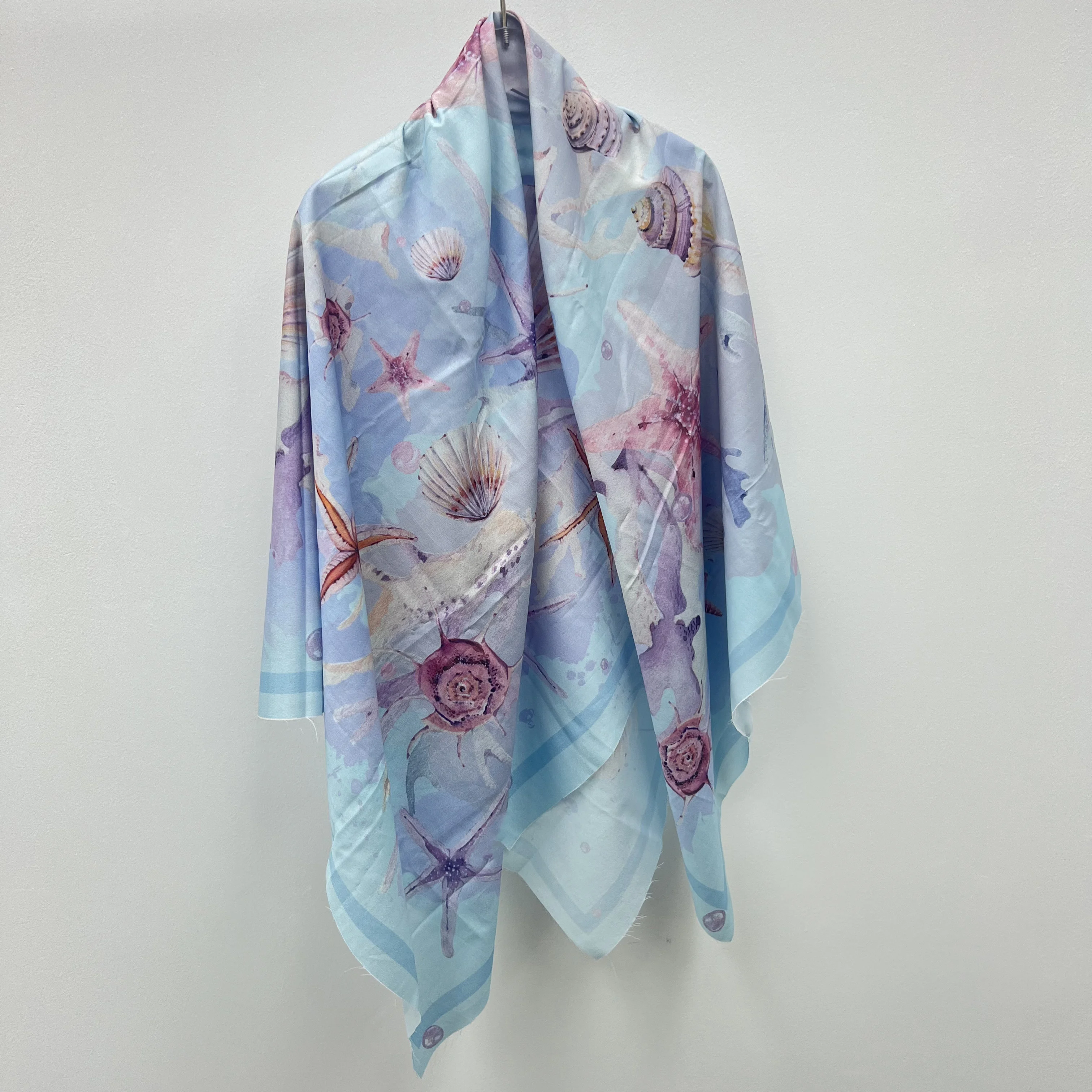 custom tropical style printed sky blue starfish polyester silk scarf Square Head scarf Muslim headscarf hijab