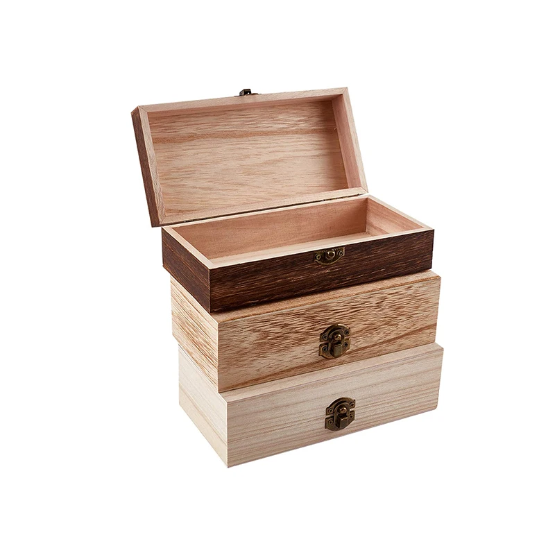 Unfinished natural wooden storage box with buckle retro wooden treasure chest is used for jewelry gift storage