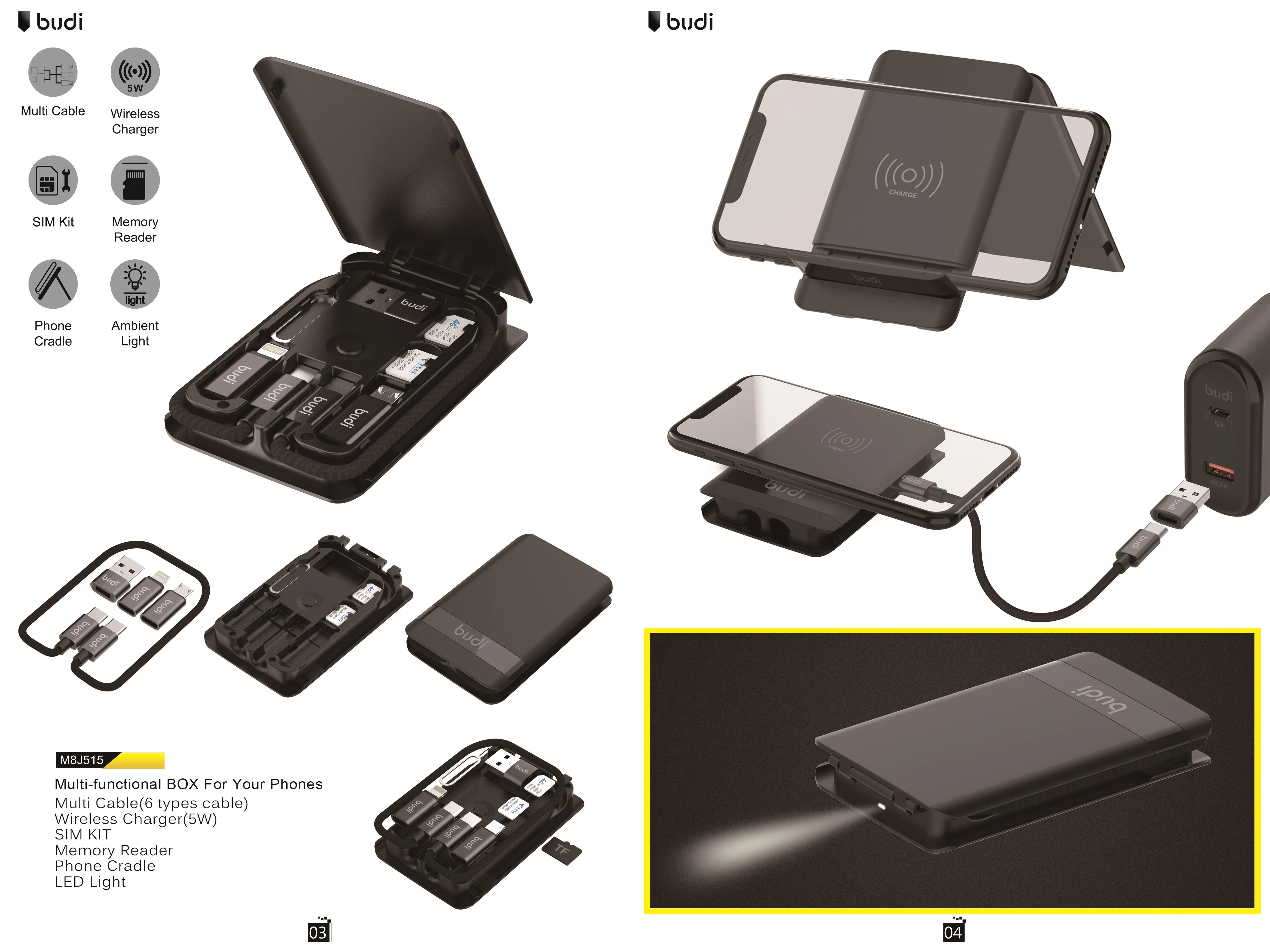 2019 budi New Arrivals Compact Design Multi-functional box with LED Light Multi 6 types cable Wireless Charger 5W/10W