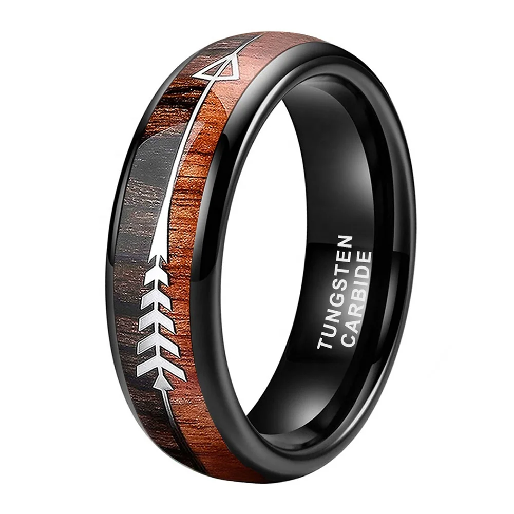 Coolstyle Jewelry 6mm 8mm Silver Black Gold & Rose Tungsten Ring Men Women Trendy Wedding Band Koa Wood Arrow Inlay Comfort Fit