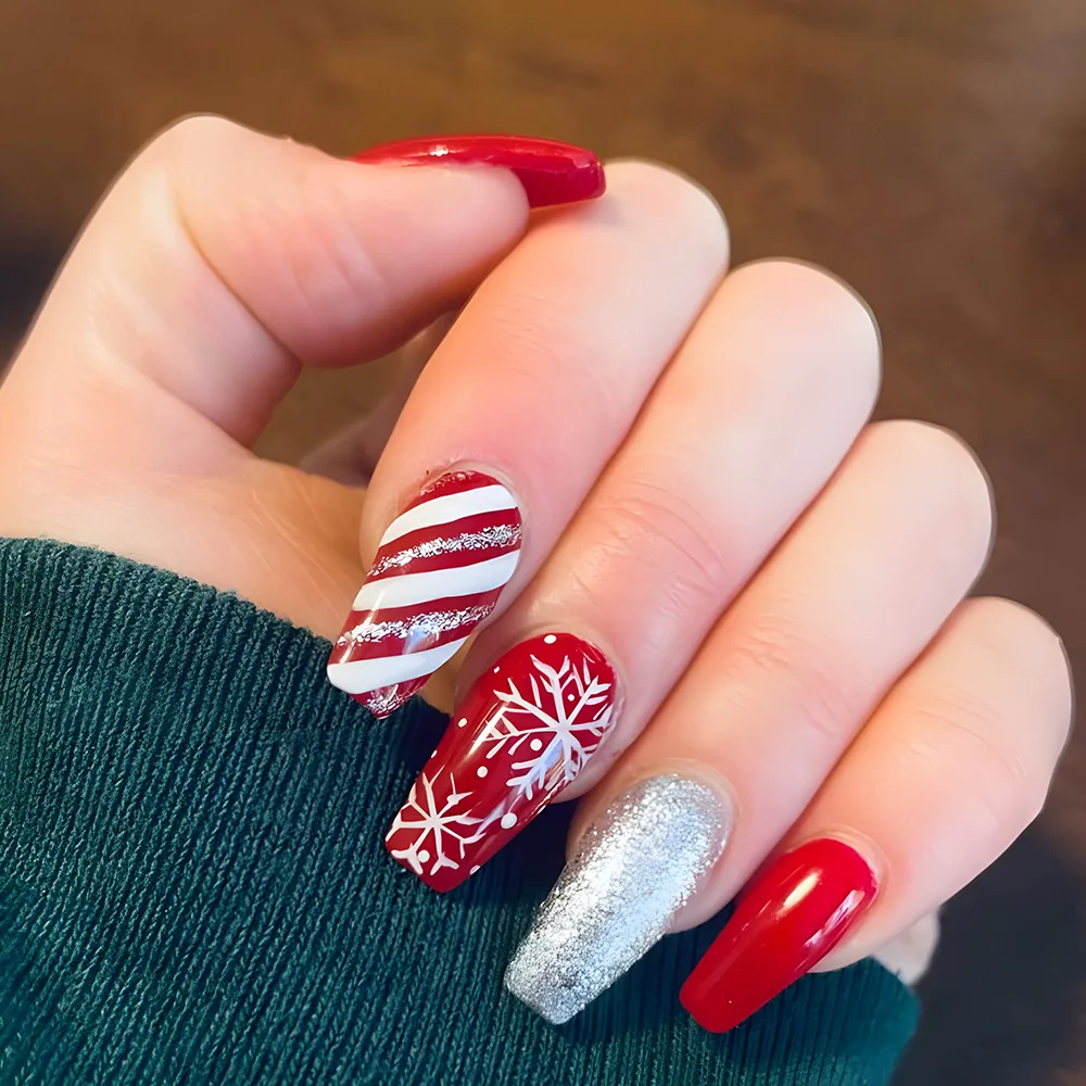 Wholesale Christmas diamond nails full cover long french ballerina artificial nails false long fake nails with glue