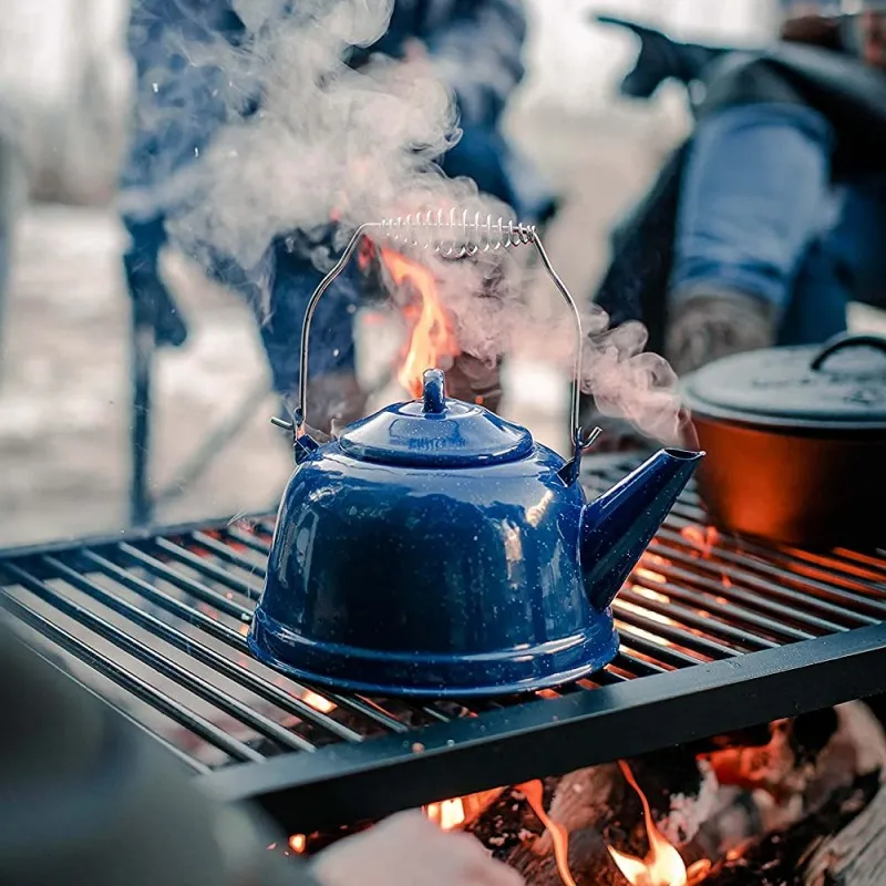 2.5L outdoor blue speckled color camping 10 Cup custom logo printed metal enamel tea coffee pot percolator Kettle with handle