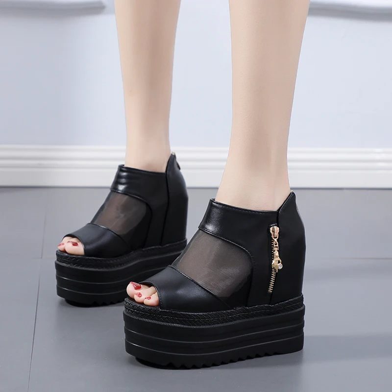 
Summer new style mesh wedges with fish mouth sandals breathable platform high heeled black women sandals 
