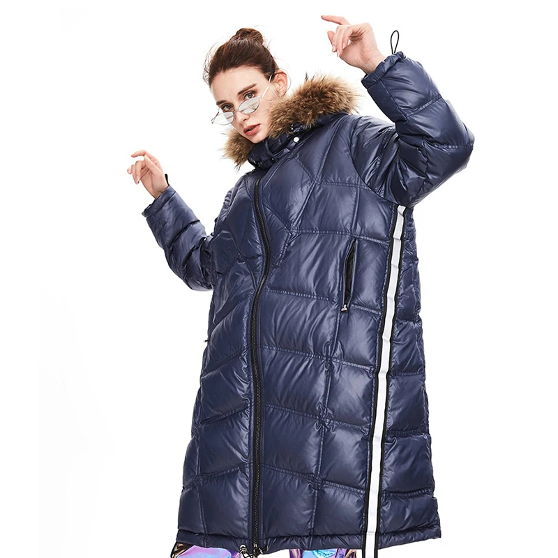 Women Medium-Length Raccoon Fur Collar Loose Ladies 90% Loose 90% Long White Puffer Duck Down Jacket Female Parkas