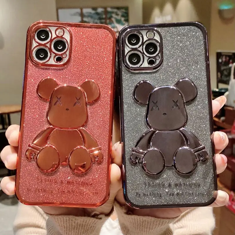 glitter transparent Silicone Lens Protection Cover Cute Bear Plating Phone Case for iPhone13 11 12 xs promax