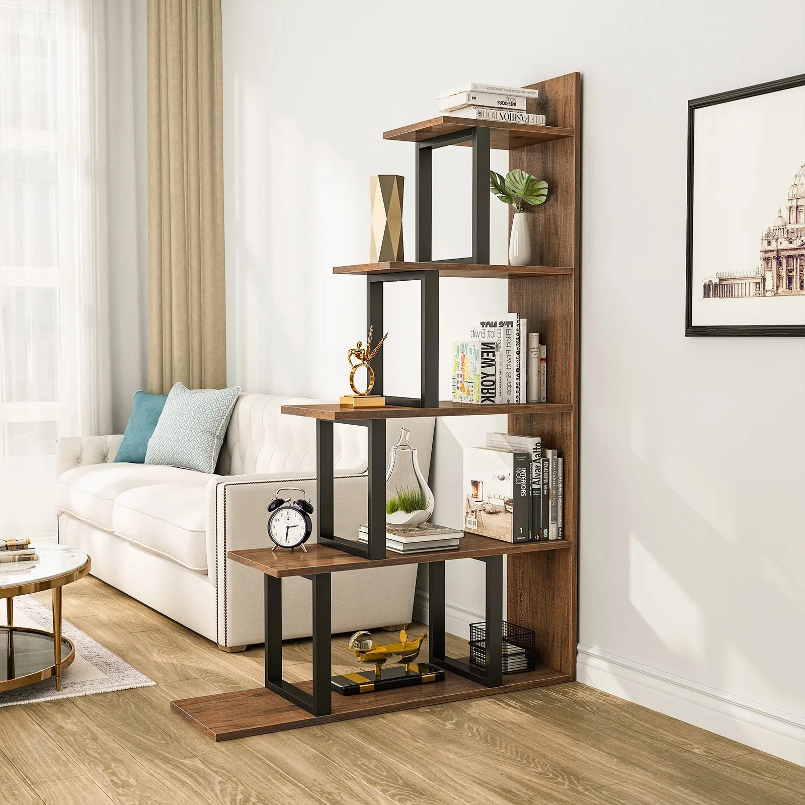 Living Room Modern Steel Wood Bookcase Storage Display Shelf Freestanding Ladder Etagere Bookcase