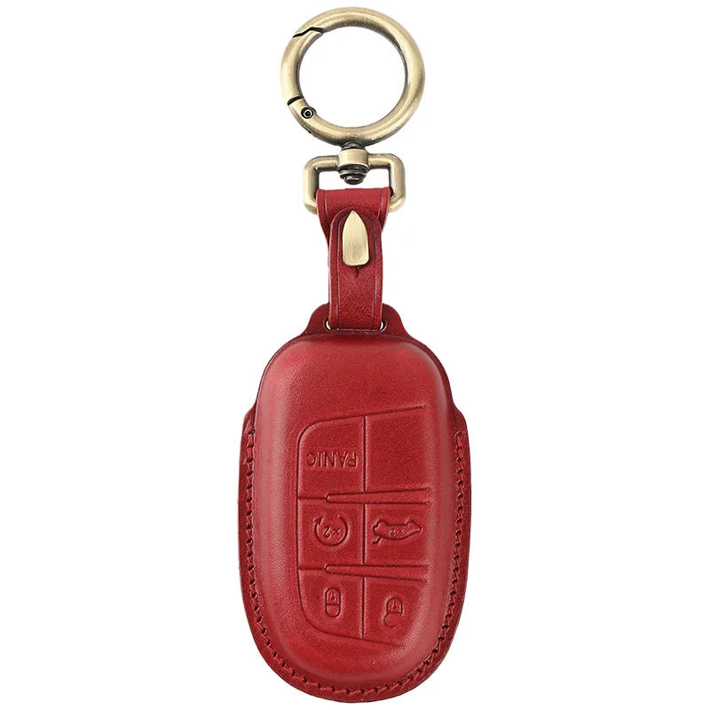 Genuine Leather Car Key Cover for Dodge Chrysler 300C Jeep Grand Cherokee Compass Fiat Case Keychain Keybag 5 buttons key